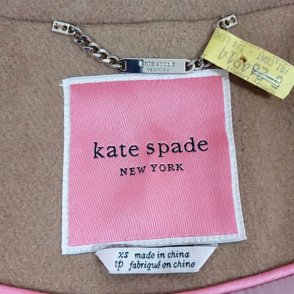 Faux Fur Wool Pea coat Kate Spade‎ XS Tan Pink Satin Lined Preppy mod chic